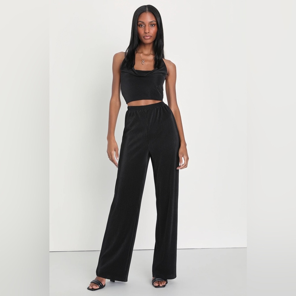 Lulu’s Flirty Approach Black Plisse Wide-Leg Halter Two-Piece Jumpsuit